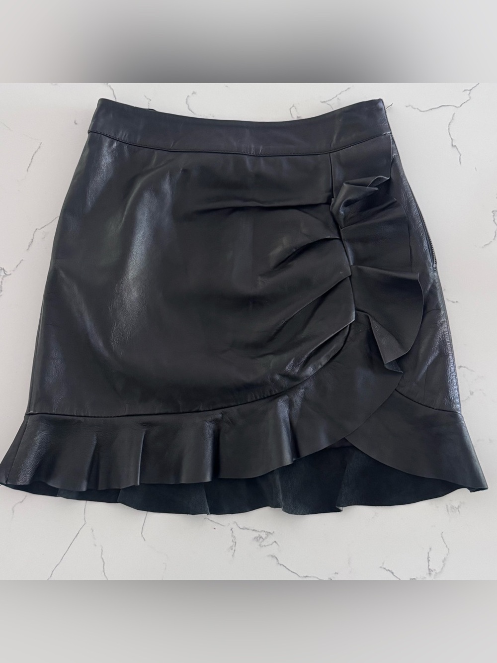 Karina Grimaldi Ariel Leather Skirt XS NWT Black Lamb Leather Ruffle Mini $260